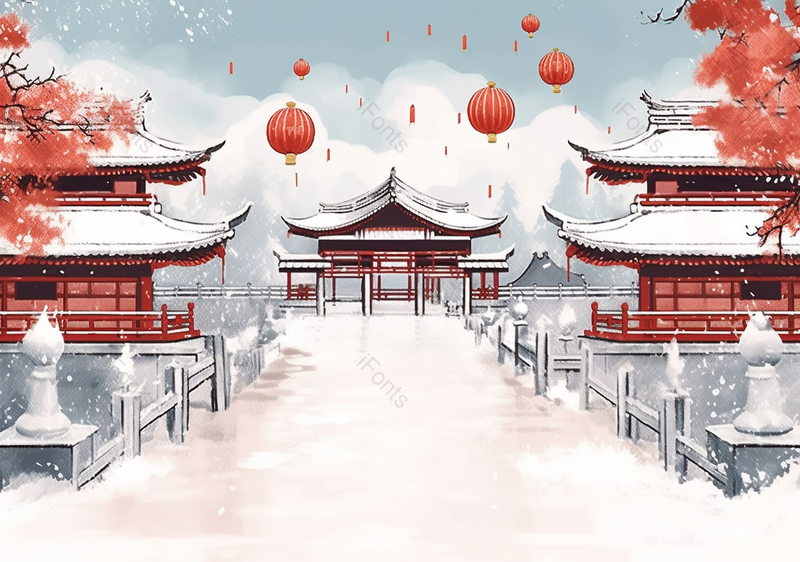 亭台楼阁大寒节气唯美意境风景插画背景图,插画/手绘图,插画/手绘图库,插画/手绘图下载,插画/手绘